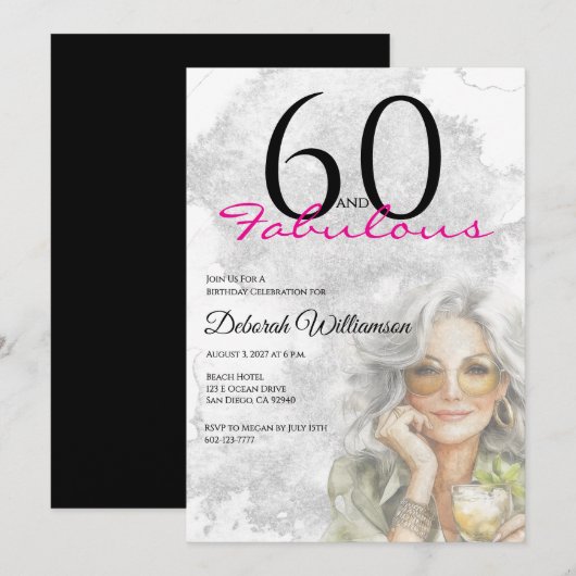 Sixty and Fabulous Black Pink 60th Birthday 招待状 (正面/裏面)