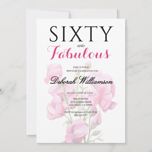 Sixty and Fabulous Black Pink 60th Birthday 招待状 (正面)