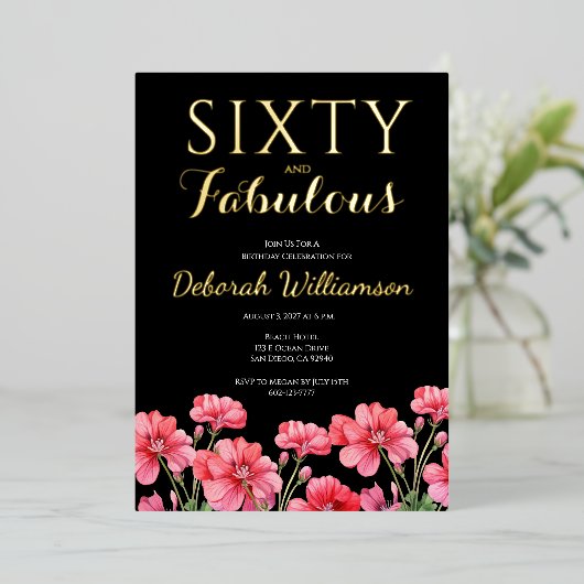 Sixty and Fabulous Black Pink 60th Birthday  箔招待状 (立ち正面)