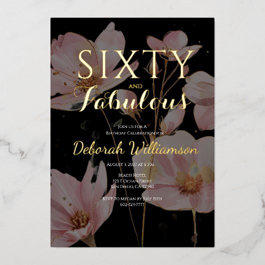 Sixty and Fabulous Black Pink 60th Birthday Party 箔招待状 (正面)