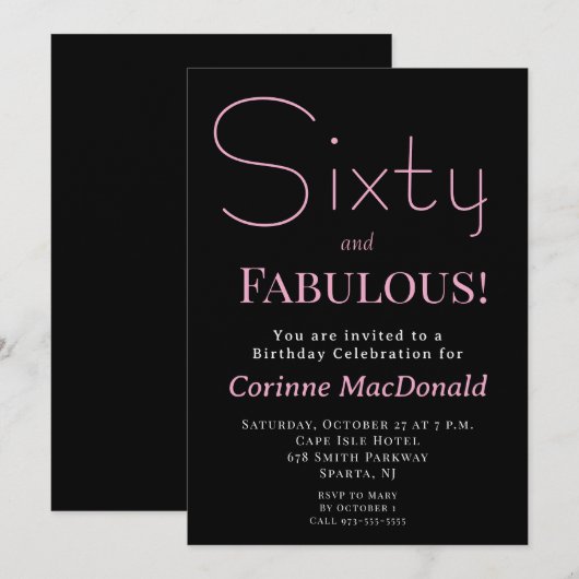 Sixty and Fabulous Blush Pink 60th Birthday Party 招待状 (正面/裏面)