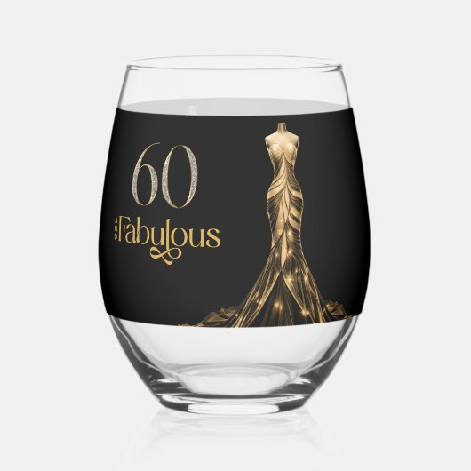Sixty and Fabulous Gold Dress Black 60th Birthday ステムなしワイングラス (正面)