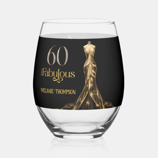 Sixty and Fabulous Gold Dress Black 60th Birthday ステムなしワイングラス (正面)