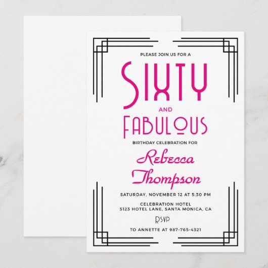Sixty and Fabulous Hot Pink Art Deco 60th Birthday 招待状 (正面/裏面)