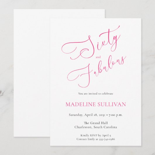 Sixty and Fabulous Pink Script 60th Birthday Party 招待状 (正面/裏面)