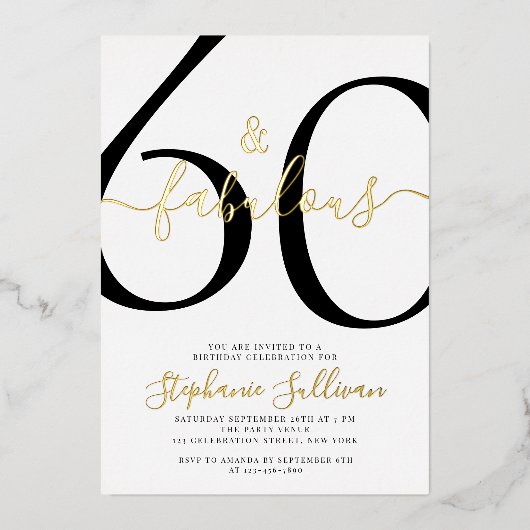 Sixty and Fabulous Script 60th Birthday Party 箔招待状 (正面)