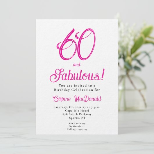 Sixty and Fabulous Script Pink 60th Birthday Party 招待状 (スタンド正面)