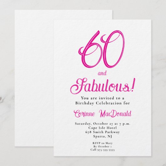 Sixty and Fabulous Script Pink 60th Birthday Party 招待状 (正面/裏面)