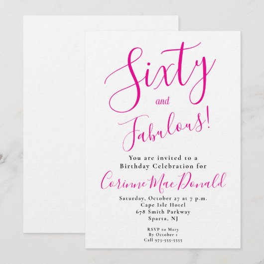Sixty and Fabulous Script Pink 60th Birthday Party 招待状 (正面/裏面)