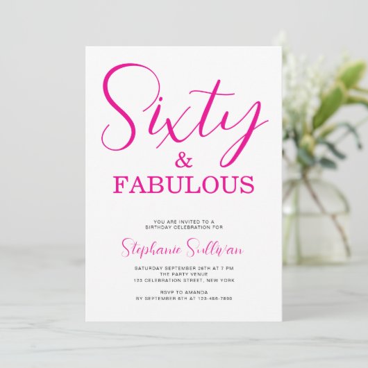 Sixty and Fabulous Script Pink 60th Birthday Party 招待状 (スタンド正面)