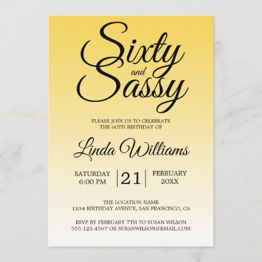Sixty and Sassy Lemon Yellow Ombre 60th Birthday 招待状 (正面)