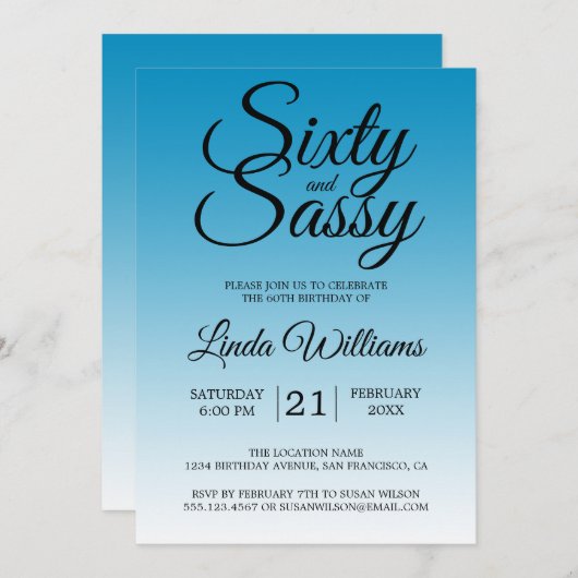 Sixty and Sassy Malibu Blue 60th Birthday 招待状 (正面/裏面)