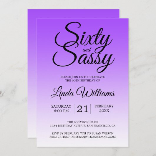 Sixty and Sassy Purple Ombre 60th Birthday 招待状 (正面/裏面)