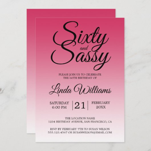 Sixty and Sassy Raspberry 60th Birthday 招待状 (正面/裏面)