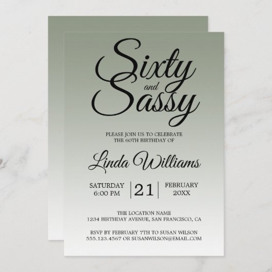 Sixty and Sassy Sage Green 60th Birthday 招待状 (正面/裏面)