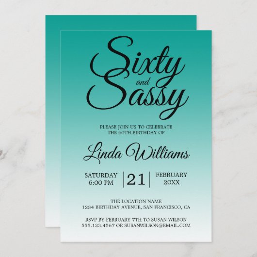 Sixty and Sassy Teal Ombre 60th Birthday 招待状 (正面/裏面)