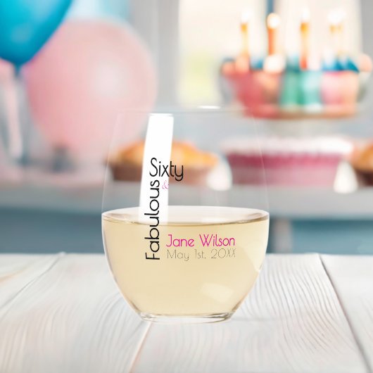 Sixty Fabulous Birthday Chic Pink & Black ステムなしワイングラス (インサイチュ (ベビーシャワー))