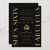 Sixty & Fabulous Black Gold Art Deco 60th Birthday 招待状 (正面/裏面)