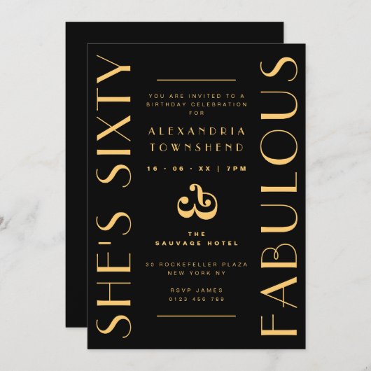 Sixty & Fabulous Black Gold Art Deco 60th Birthday 招待状 (正面/裏面)