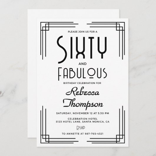 Sixty Fabulous Black White Art Deco 60th Birthday 招待状 (正面/裏面)