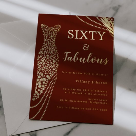 Sixty & Fabulous Burgundy & Gold 60th Birthday 箔招待状