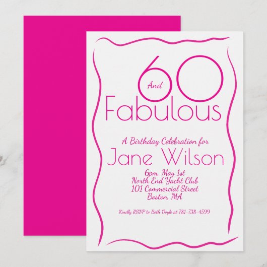  Sixty & Fabulous Pink Birthday Invitation Script  招待状 (正面/裏面)