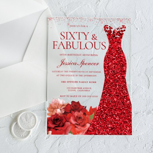 Sixty & Fabulous! Red Dress 60th Birthday Party アクリル招待状