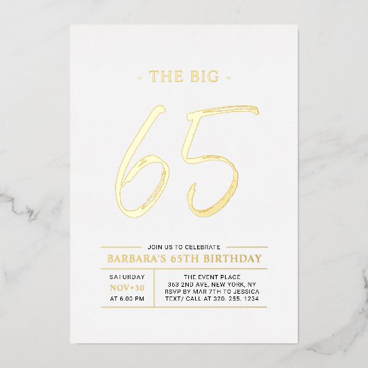 Sixty five | モダンゴールド65歳の誕生日パーティー 箔招待状 (正面)