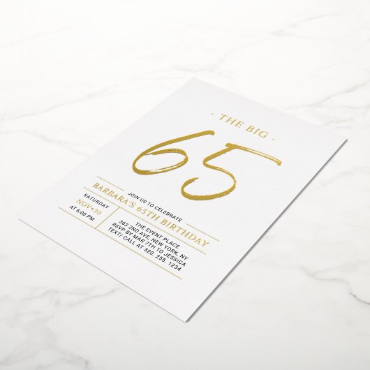 Sixty five | Modern Gold 65th Birthday Party 箔招待状 (回転した状態)