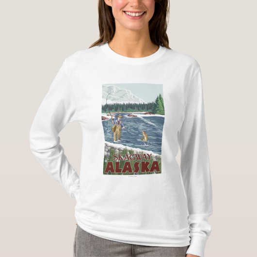 Skagway、アラスカ-はえの漁師 Tシャツ (正面)