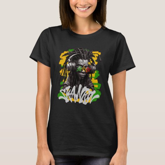 Skanking RastamanとヘッドフォングラフィティスタイルR Tシャツ (正面)