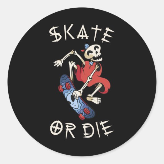Skate or die Grim Reaper Skeleton Skateboarder ラウンドシール (正面)