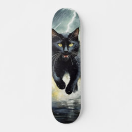 Skateboard Gato Negro Corriendo bajo la Lluvia スケートボード