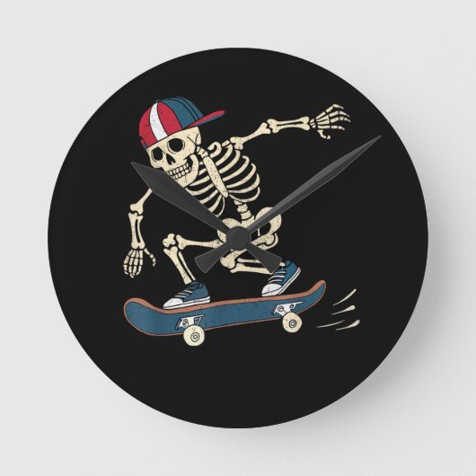 Skateboard Skeleton Halloween Skateboarding Skater ラウンド壁時計 (正面)