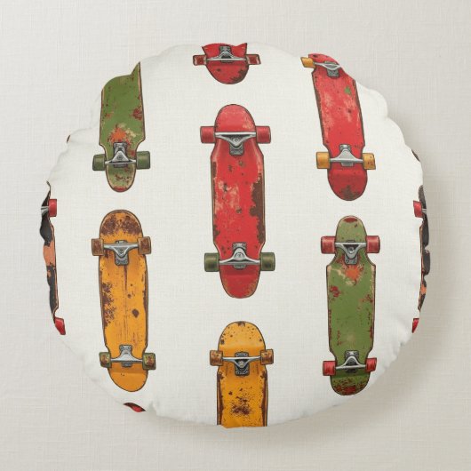 "Skateboard Under Deck" Vintage Pattern ラウンドクッション (正面)