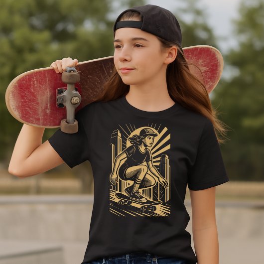 Skateboarder Girl In Retro Art Deco Gold Style Tシャツ