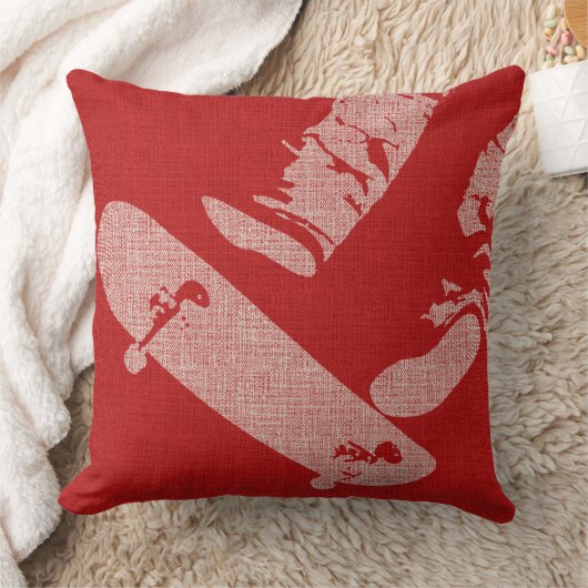 SkateBoarder Image Reverse Red/White Throw Pillow クッション (ブランケット)