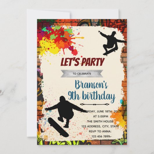 Skateboarding graffiti birthday party invitation 招待状 (正面)