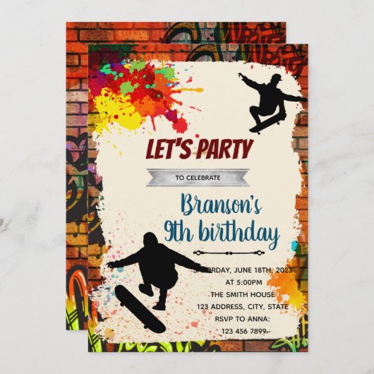 Skateboarding graffiti birthday party invitation 招待状 (正面/裏面)