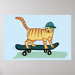 Skateboarding Tabby Cat ポスター
