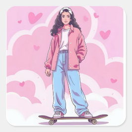Skater Girl Vibes – Pastel Aesthetic Collage スクエアシール