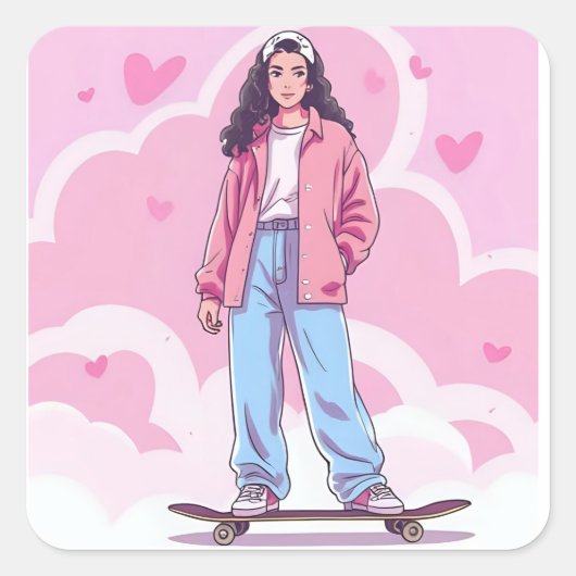 Skater Girl Vibes – Pastel Aesthetic Collage スクエアシール (正面)