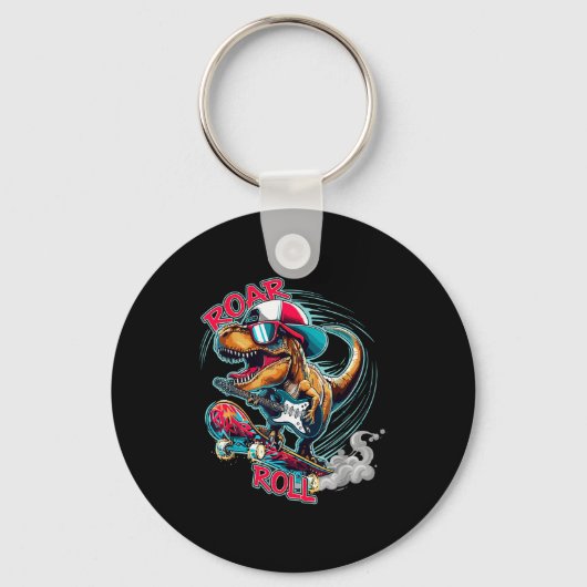 Skater Guitar T-rex Roar Roll Dinosaur For Boys Me キーホルダー (正面)