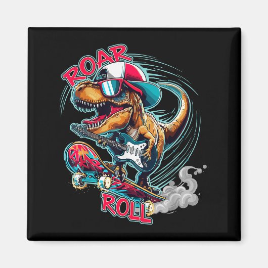 Skater Guitar T-rex Roar Roll Dinosaur For Boys Me マグネット (正面)