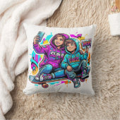 Skater Mom & Son: Vibrant Graffiti Art Pillow クッション (ブランケット)