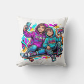 Skater Mom & Son: Vibrant Graffiti Art Pillow クッション (正面)