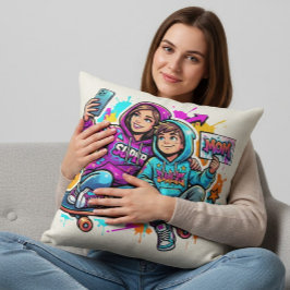 Skater Mom & Son: Vibrant Graffiti Art Pillow クッション