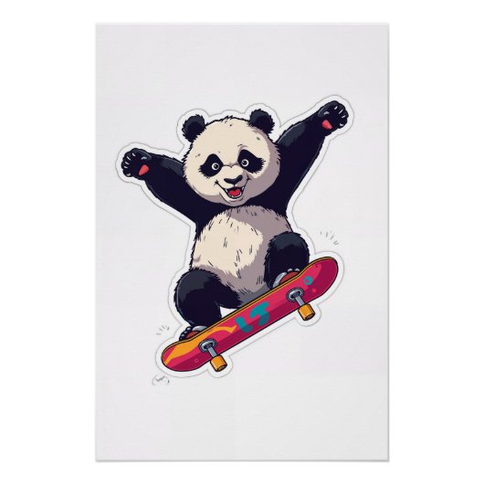 Skater Panda Poster – Skateboarding Panda Wall Art ポスター (正面)