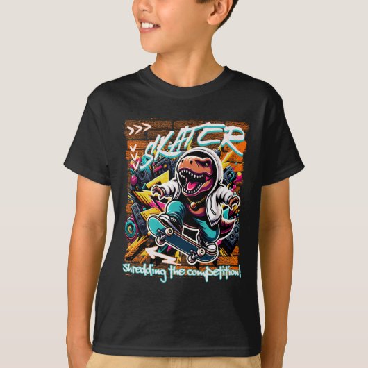 Skater Shredding The Competition! Kids Funny T-rex Tシャツ (正面)