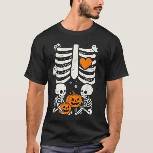Skeleton Baby Twins Halloween Pregnancy Announceme Tシャツ (正面)